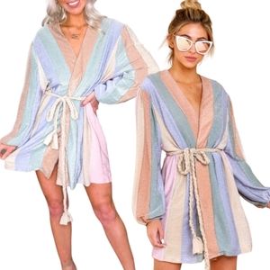 Storia VICI Rainbow Stripe Shimmer Balloon Sleeve Mini Wrap Dress Size Small NWT